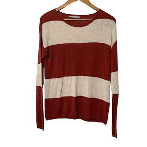 Lemon Tart Wide Bold Beige and Rust Orange Stripe Crewneck Sweater Medium